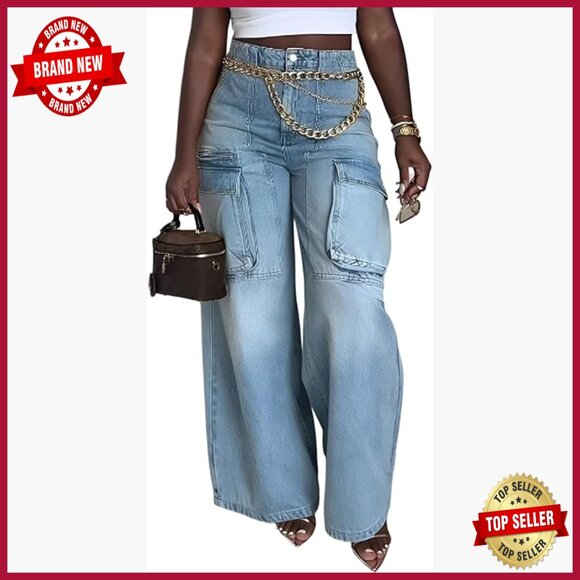 Denim - High Waist Wide Leg Jeans Distressed Raw Hem Y2K Baggy Boyfriend Denim